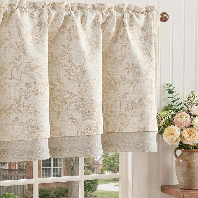 jinchan Linen Valance Curtain Farmhouse Floral Printed Small Window Curtain for Kitchen Rustic Light Filtering Valance for Living Room Bedroom Bathroom 16 Inch Rod Pocket 1 Panel Taupe on Beige