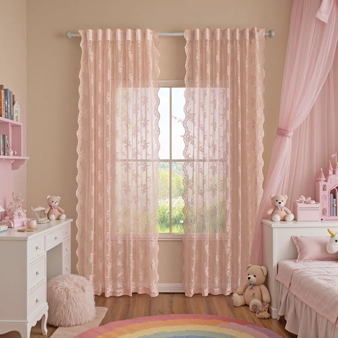 MEETSKY Pink Lace Curtains 84 Inch Long, Sheer Pink Curtain for Girls Room, Floral Patterned Vintage Light Filtering Curtains for Bedroom Princess Room, Lace Drapes 2 Panels, Each Panel 50W x 84L