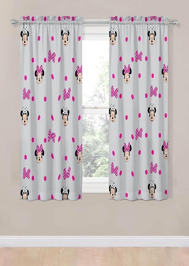 Jay Franco Window Curtains for Kids Bedroom 4-Piece Drape Set with 2 Tiebacks, Grey - Minnie Mouse, 42" W x 63" L (Pack of 2)
