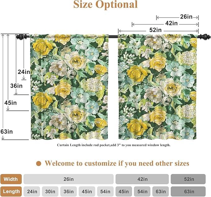 Renaiss 42 x 54 Inch Watercolor Floral Kitchen Curtains Flower Plant Small Short Cafe Window Curtains Rustic Colorful Wildflower Plants Blossom Spring Rod Pocket Tier Window Treatment Drapes 2 Panels