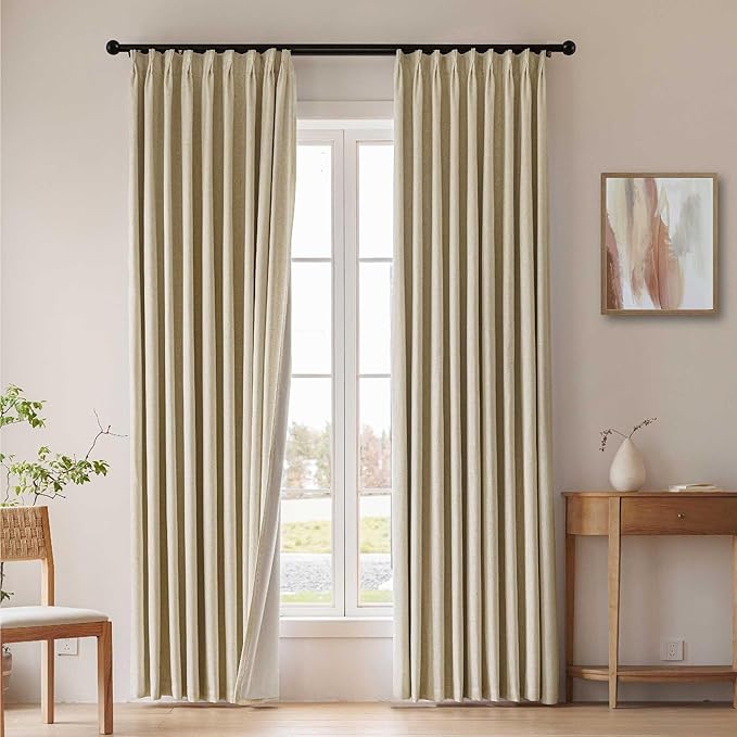 Oatmeal Linen Pinch Pleated Blackout Curtains, Room Darkening Thermal Insulated Soundproof Pleated Drapes, 108 Inch Long Back Tab Window Curtains for Living Room Bedroom 2 Panels, 40"Wx108"L,Beige