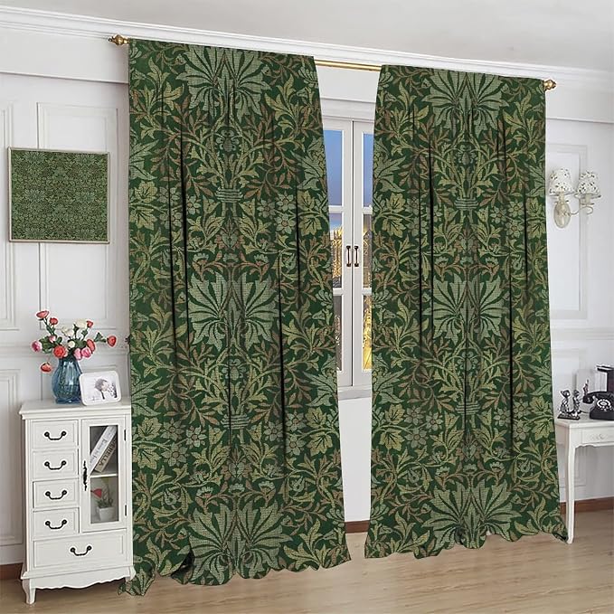 Bohemia Art Blackout Window Curtains, William Morris Original Design Green Garden Vintage Curtains, for Living Room Bedroom 21(W)*54(L) 2 Panels