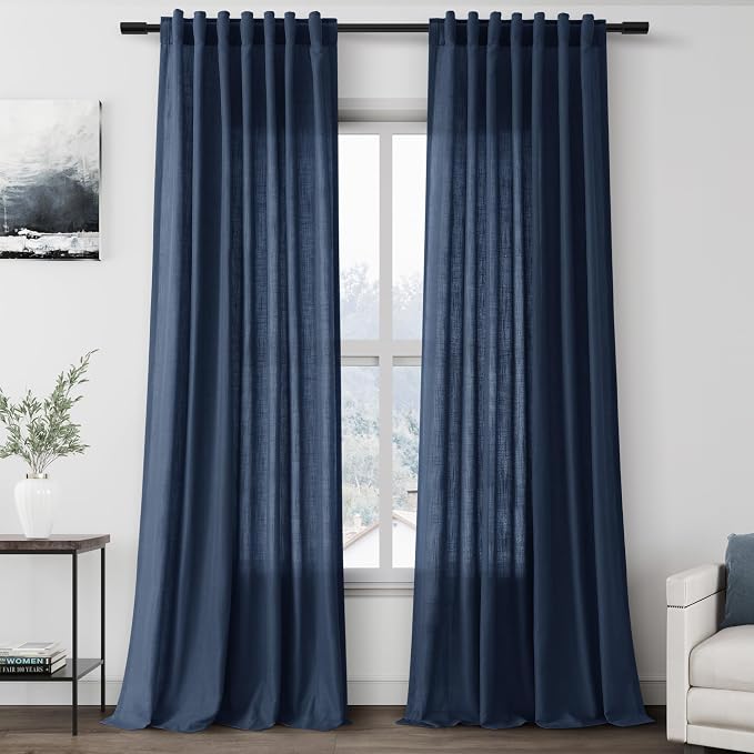 Extra Long Denim Blue Linen Curtains 120 Inch for Living Room 2 Panels Set Rod Pocket Back Tab Linen Window Drapes Semi Sheer Light Filtering Privacy High Ceiling Drapes for Farmhouse 52x120