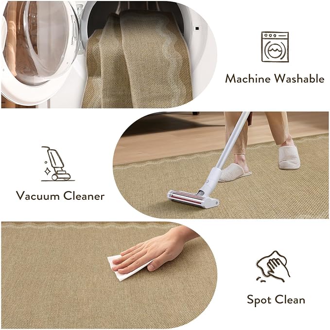 LIVEBOX Scalloped Washable 2x8 Kitchen Runner Rug, Easy Jute Geometric Tan Rug for Hallway Runner Entryway, Indoor Outdoor Non Slip Rugs Farmhouse Modern Carpet Door Mat for Porch Laundry Room