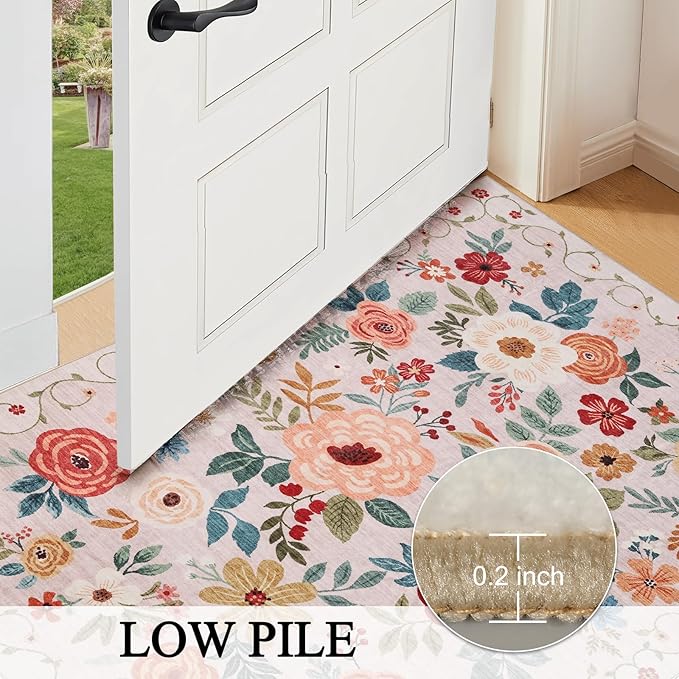DUKINO 2x4 Rug for Entryway, Washable Kitchen Floral Runner Rug with Non Slip Backing, Low Pile Soft Boho Carpet for Kitchen, Hallway, Entryway, Laundry, Bedroom, Beige