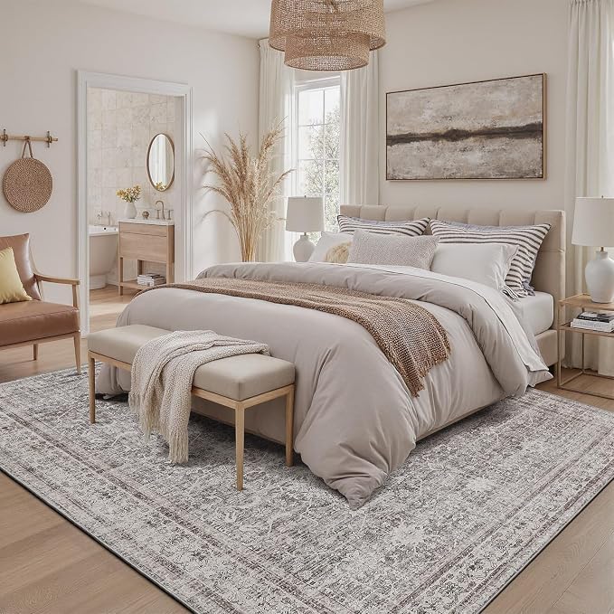 DCX Gray 5x7 Rug, Kid & Pet Friendly with Rubber Back Non Slip, Machine Washable Stain Resistant Vintage Traditional Distressed Carpet, Rug for Living Room, Bedroom, Home Decor
