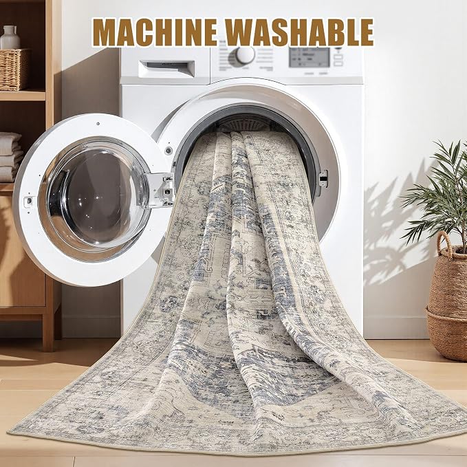 6x9 Area Rugs for Living Room - Large Carpet Ultra Thin Soft Washable Oriental Vintage Floral Distressed Big Indoor Carpets for Bedroom Nursery Dorm Home Decor Aesthetic - Blue Beige