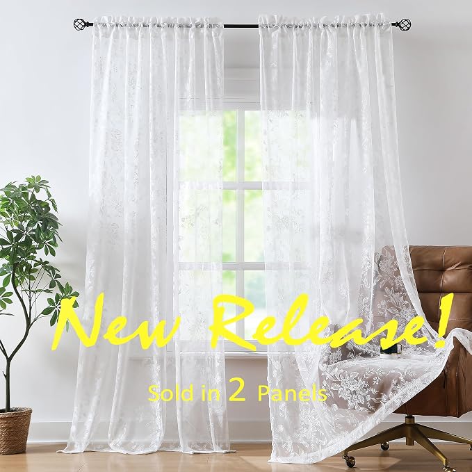 Treatmentex White Lace Curtains for Bedroom 95 inch Length 3D Leaf and Floral Embroidered Sheer Window Drapes for Living Room Guest Room, Rod Pocket Modern Country Rustic Lace Curtains 52" w 2pcs