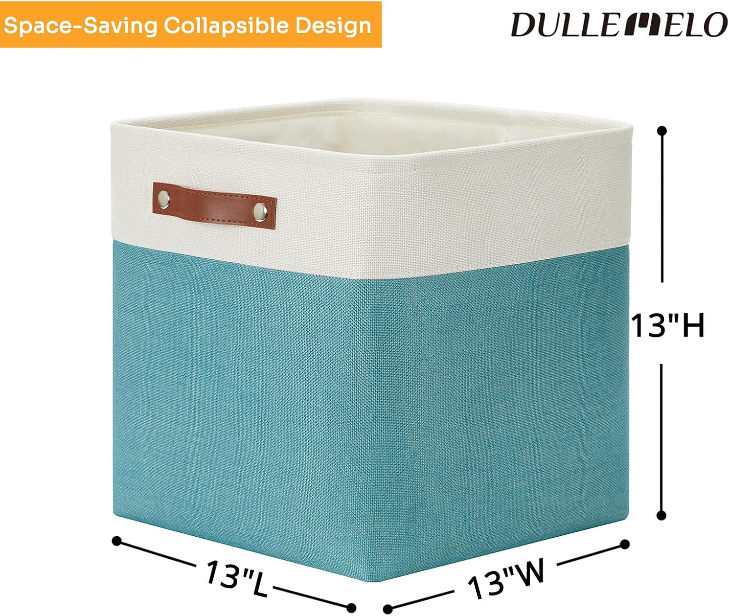 DULLEMELO Storage Bins for Organizing,Closet Storage Baskets for Gift Empty,Large Linen Canvas Storage Bins with Handles for Home Office Toys Shelves(White&Teal, 13 inch Cube)