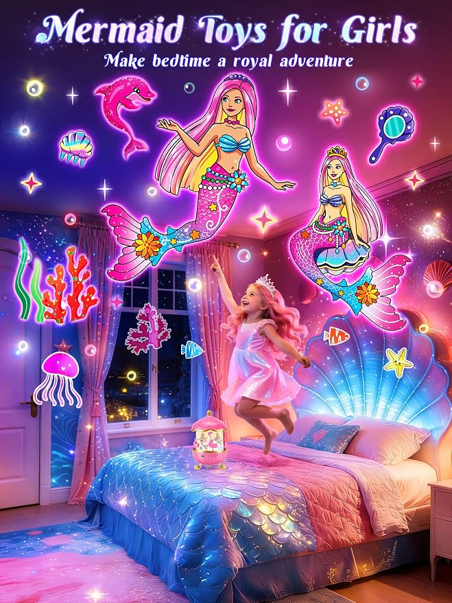 Little Mermaid Toys, 15 Soothing Sounds+18 Films+378 Colors Kids Night Light Projector, 360°+Remote+Cordless+Pink Mermaid Birthday Gifts for Girls, Princess Toys Princess Room Decor[Dreamy Packaging]