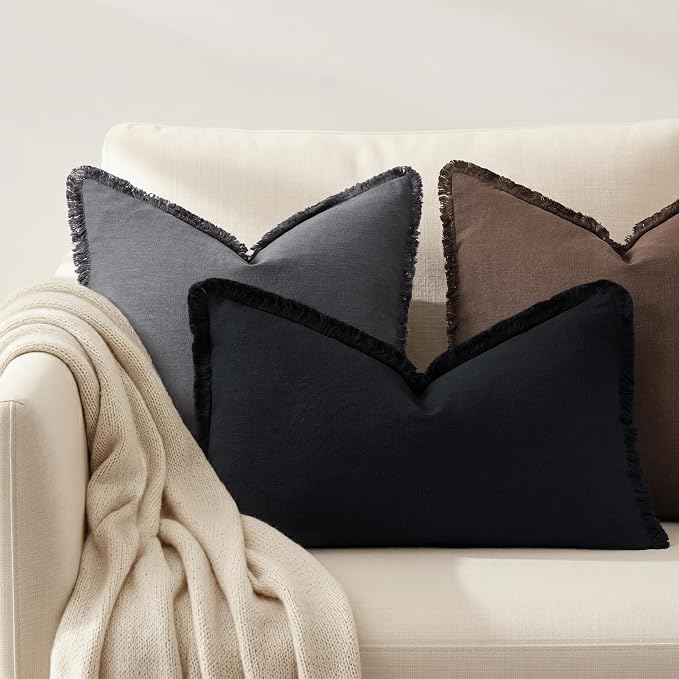 decorUhome Linen Fringe Lumbar Throw Pillow Covers Set of 2 Decorative Black Pillow Covers with Tassels Soft Accent Boho Farmhouse Pillow Cases for Couch Bed Sofa 12x20 Inch