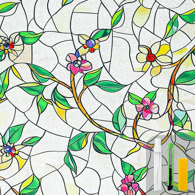 Window Privacy Film Stain Glass Window Film Rainbow Window Film Window clings Non-Adhesive Reusable Decorative for Room (Frosted Vine, 17.5 X 78.7 in)