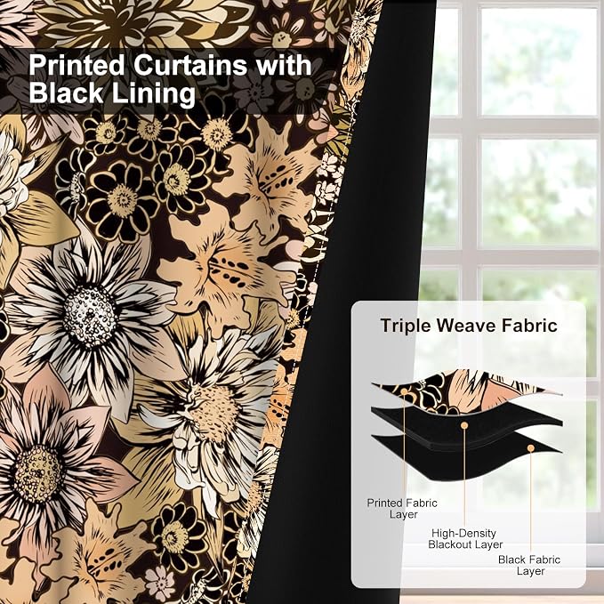 Boho Floral Blackout Curtains for Bedroom with Curtain Tiebacks, 84 Inch Long Black Out Window Drapes 2 Panels Set, Farmhouse Patterned Thermal Soundproof Privacy Grommet Living Room Curtains