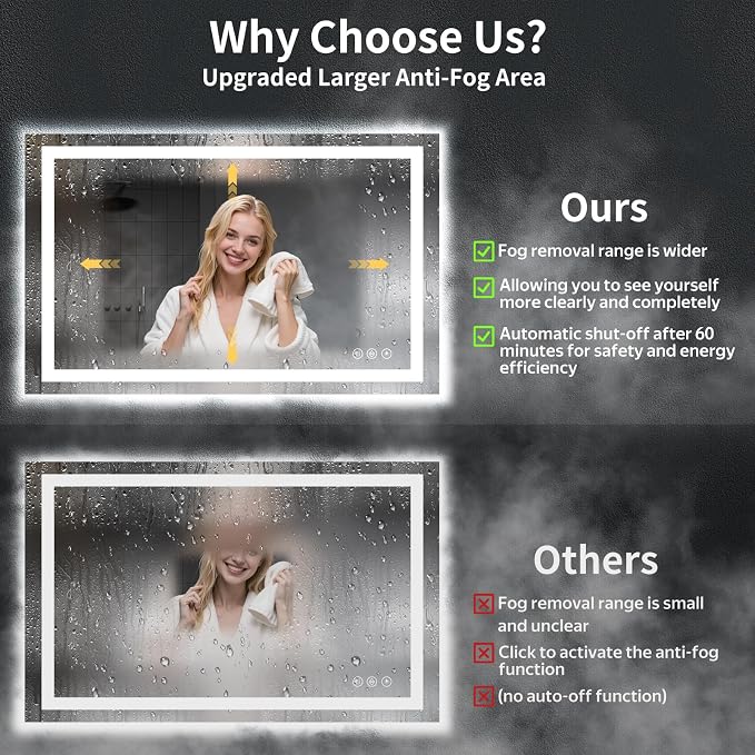 50"x30" LED Bathroom Mirror with Lights for Vanity, Anti-Fog & Dimmable 3-Color, Stepless Brightness Adjustable Wall Mounted Mirror for Bathroom Makeup Shaving