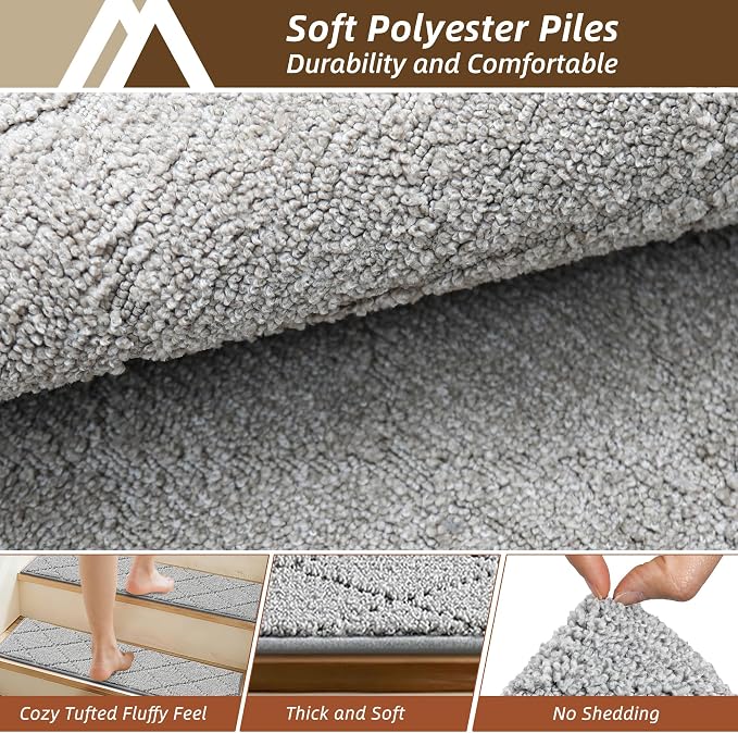 COSY HOMEER Edging Stair Treads Non-Slip Corner Indoor Stair Runners for Wooden Steps,Landing Slip Resistant Stair Rugs for Kids and Dogs, 100% Polyester TPE Backing,Grey,20"X32"
