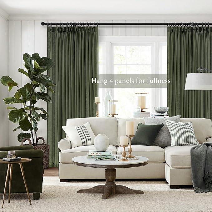 Topfinel Olive Green Pinch Pleated Semi Sheer Curtains Textured Linen Blended Light Filtering Window Curtains 94 inch for Living Room Bedroom Pinch Pleat Drapes with Hooks 2 Panels 40" Wx94 L