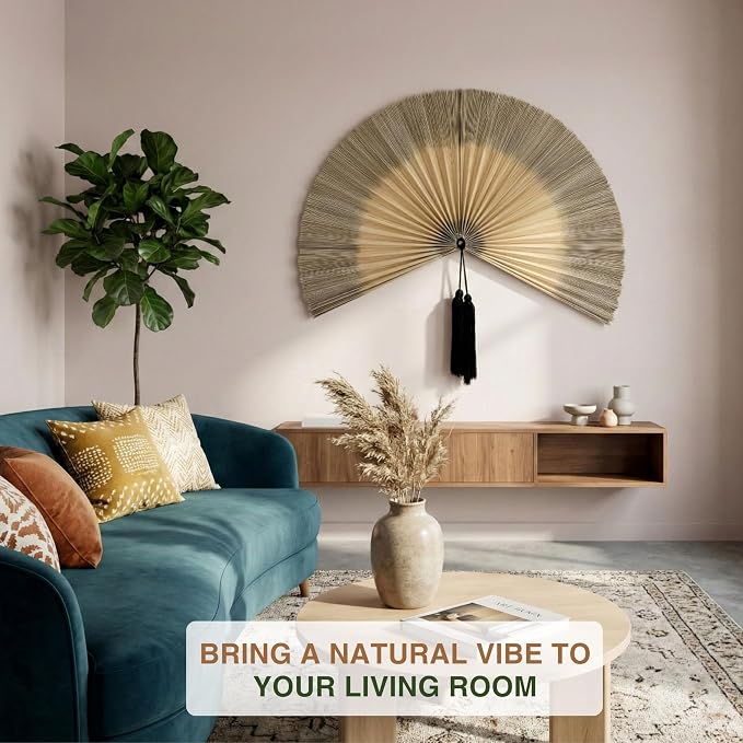 SUCHUBU Bamboo Wall Fan, 47" Handwoven Bamboo Wall Decor, Japanese Wall Hanging Fan for Bedroom, Fireplace, Natural Asian Wall Art for Boho & Farmhouse with Hook Strap Included (White Brown, Large)