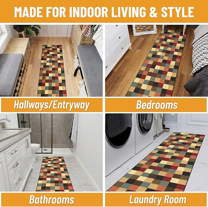 Ottomanson 1'10.5" x 38' Extra Long Hallway Runner Rug – Non Slip Low Pile Carpet Runner for Hallways, Corridors & Narrow Spaces, Checkered Multicolor