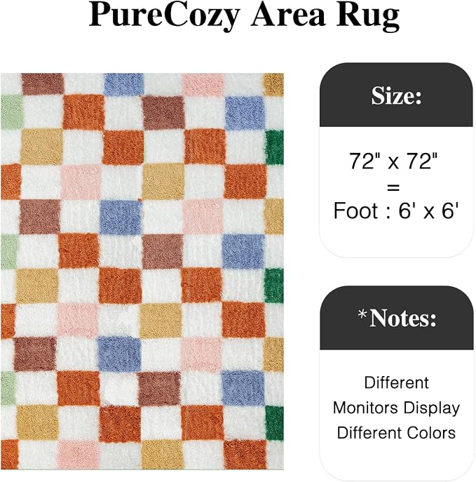 PureCozy Checkered Rug 6x6 for Living Room, Modern Neutral Shag Rug Washable Non-Slip Large Area Rug Super Soft Indoor Fuzzy Carpet Fluffy Rugs for Bedroom Home Aesthetic Decor