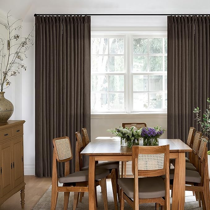 TWODRAPES Dark Chocolate Pinch Pleated Linen Curtains 2 Panels for Living Room Bedroom Memory Training Shaped Semi Sheer Pleat Drapes with Hooks Rings Light Filtering Window Curtain 40x108