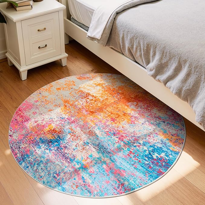 Rugflix Round Area Rugs 4Ft for Living Room, Washable Circle Rug Stain-Resistant Low Pile, Modern Dark Carpet for Bedroom Dining Room Home Office Kid Nursery Room, Rainbow