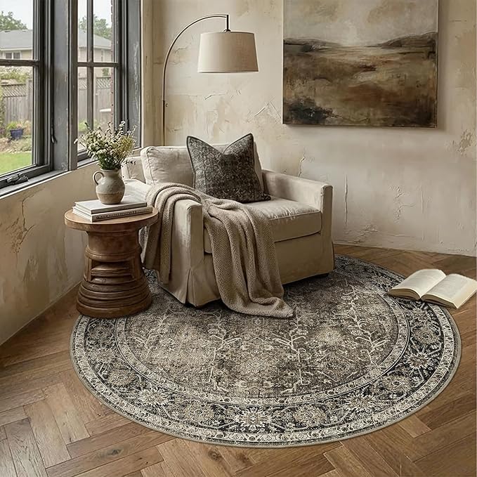 PureCozy Brown Round Area Rug 4ft Entryway 4x4 Circle Vintage Indoor Kitchen Washable Door Mat Living Room Carpet Non Slip Traditional Distressed Retro Accent Throw Rug Office Dining Room Bathroom