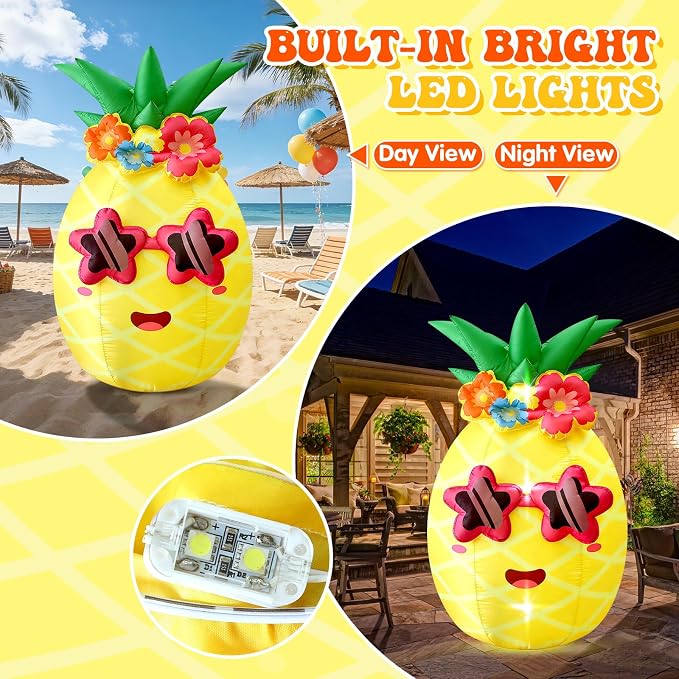 5FT Summer Inflatable Pineapple Outdoor Decor, Blow Up Pineapple Built-in LED Lights, Giant Inflatable Decorations for Tropical Pool Beach Party Photo Backdrop Yard Lawn Hawaiian Luau Party Supplies