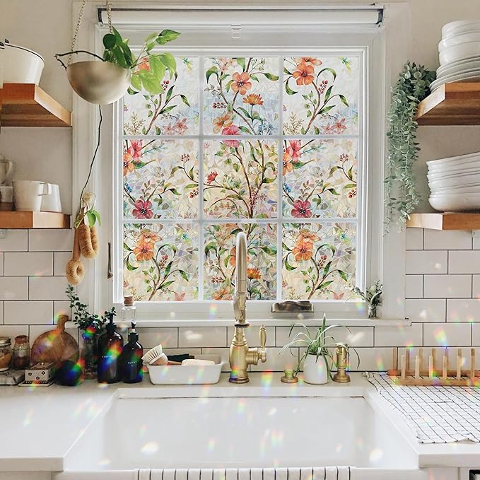 Ranzdn Window Privacy Film - Stained Glass Window Film Static Cling UV & Heat Blocking Rainbow Window Film for Glass Doors, Bedroom Windows - No Glue Premium Vinyl (Easy Install, 45.2"×157.4")