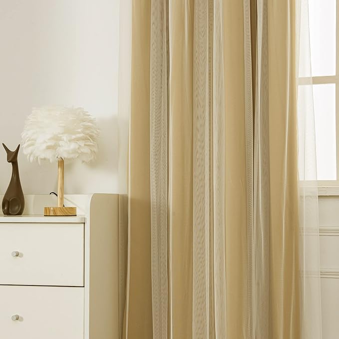 INLINAS Gold Blackout Curtains with Sheer Overlay - Grommet Top Thermal and Noise Reduction Panels for Bedroom and Living Room Light Blocking and Energy Saving, 37 x 72 Inches, Set of 2