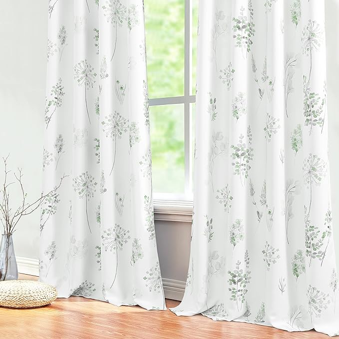 XTMYI Sage Green Curtains 90 Inches Long for Living Room,80% Blackout Room Darkening Boho Cottagecore Decor Botanical Curtains Drapes for Bedroom 2 Panels Set,Light Green and Grey