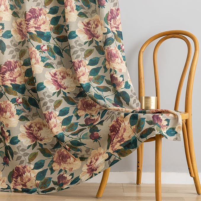 ALIGOGO Taupe Linen Curtains for Dinding Room - Victorian Semi-Blackout Floral Curtains 108 Inches Long, Grommet Privacy Light Filtering Decorative Art Nouveau Decor, 50W x 108L Inch, 2 Panels