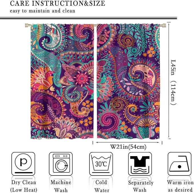 Vintage Bohemian Curtains, Indian Bohemian Mandala Colorful Pattern Blackout Thermal Curtains, Bedroom Living Room Curtains, 2 Panel Set, 42x45 in.
