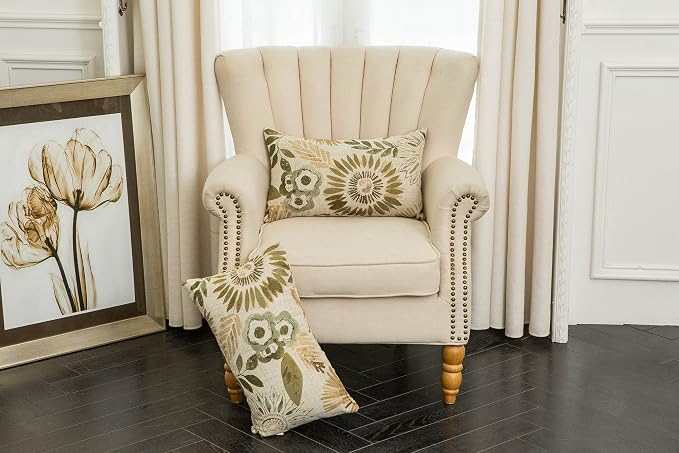 Mika Home Pack of 2 Decorative Oblong Rectangular Throw Pillow Cover Cushion Cases for Chair,Sunflower Pattern,12x20 Inches, Green Cream