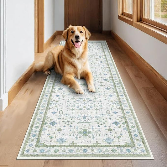 Hazo Haus Turkish 3x8 Wide Hallway Runner - Cream Green Oushak Boho Floral, Washable Low Pile Non Slip Stain Resistant Rug for Kitchen, Bathroom, Hall Way