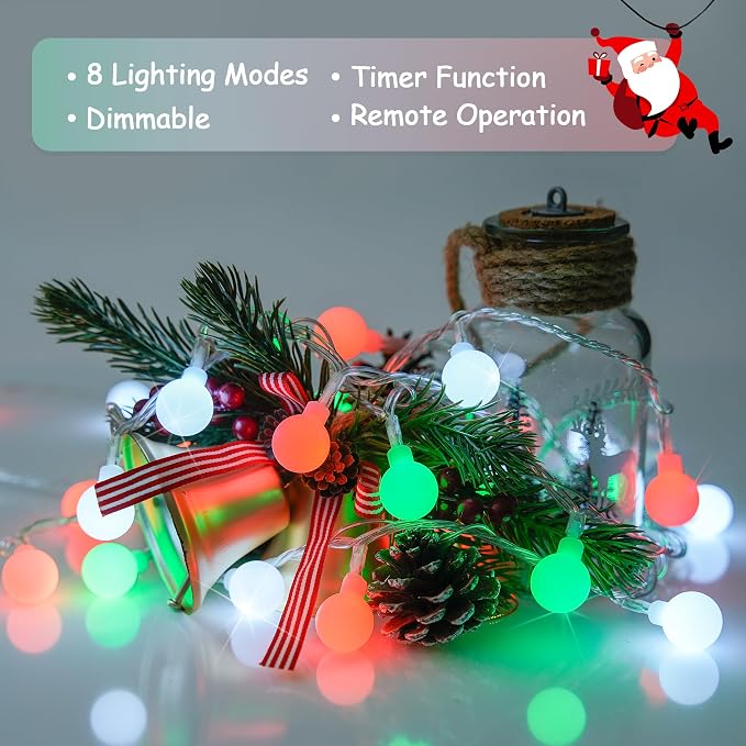 JMEXSUSS 33ft 100 LED Globe Red White and Green Christmas String Lights | Connectable Christmas Lights Plug in with Remote, 8 Modes Fairy Lights Outdoor for Christmas Room Party Home Decor