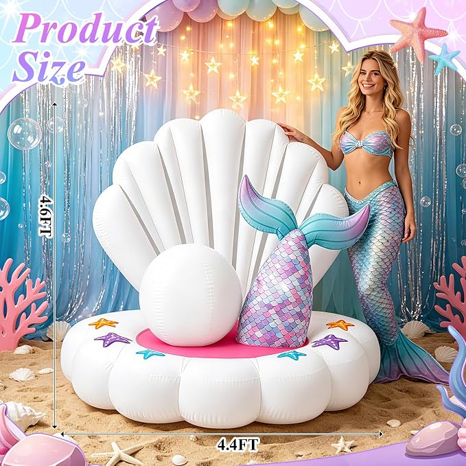 4.6FT Inflatable Seashell with Mermaid Tail for Summer Outdoor Decor, Blow Up Seashell Built-in 3 LED Lights for Mermaid Birthday & Pool Beach Ocean Party Decorations, Yard Garden Indoor Photo Props