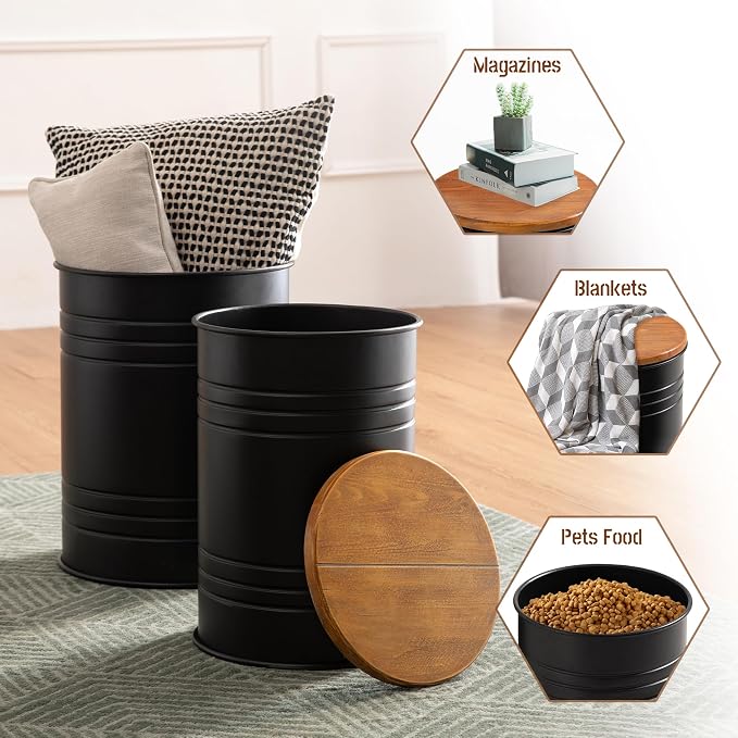 Glitzhome Rustic End Table Set of 2, Farmhouse Galvanized Metal Barrel Ottoman Storage Stool with Round Wood Lid for Living Room Furniture, Black
