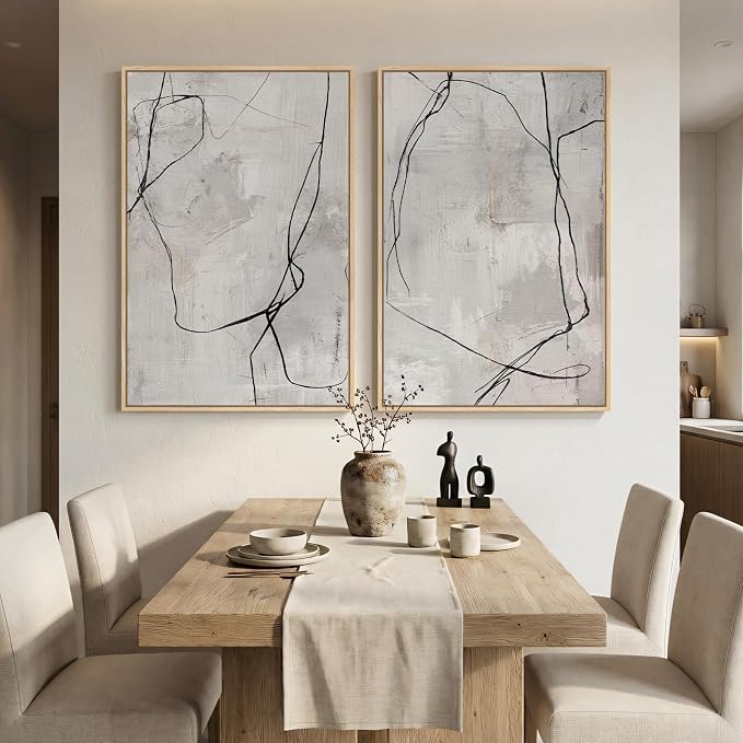 Framed Gray Abstract Wall Art for Living Room, Large Set of 2 Modern Minimalist Canvas Artwork for Walls, Contemporary Black Line Paintings Prints Wall Decor for Bedroom Dining Room Hallway, 24x36 In
