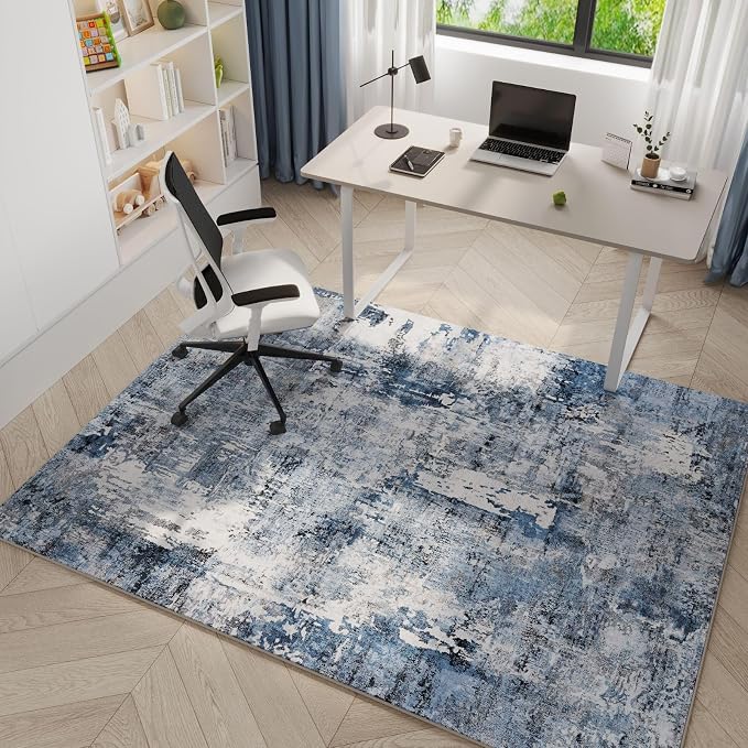 Rugcomf 4x6 Rug Washable Boho Soft Area Rug Abstract Pattern Non-Slip Faux Wool Vintage Rug for Living Room, Bedroom Rug, Farmhouse, Dining Room, Indoor, Kids Playroom, Blue