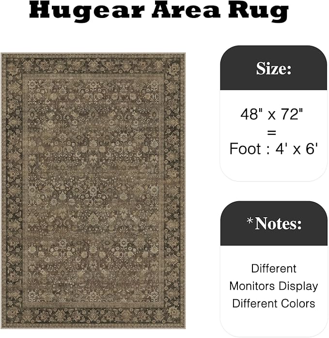 HUGEAR 4x6 Indoor/Outdoor Rug Brown Linen-Look Fabric Vintage Area Rug High Traffic Stain Resistant Easy Clean Durable Rugs for Living Kitchen Patio Deck Balcony Porch Garden Courtyard