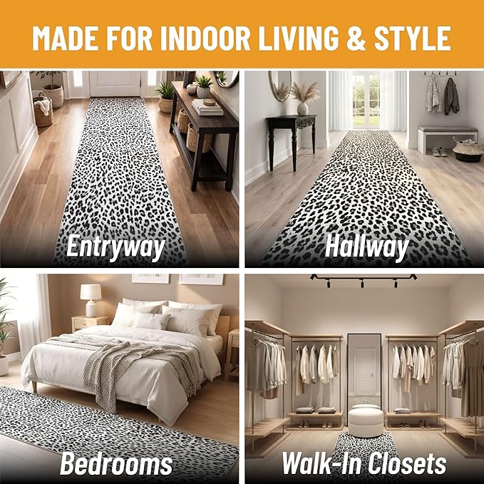 Ottomanson Aisle Runner Rug 1'10.5" x 20' – Soft Non-Slip Rug, Low Pile Carpet for Hallways, Events, Churches & Extra-Long Indoor Spaces, Leopard Print Black & White