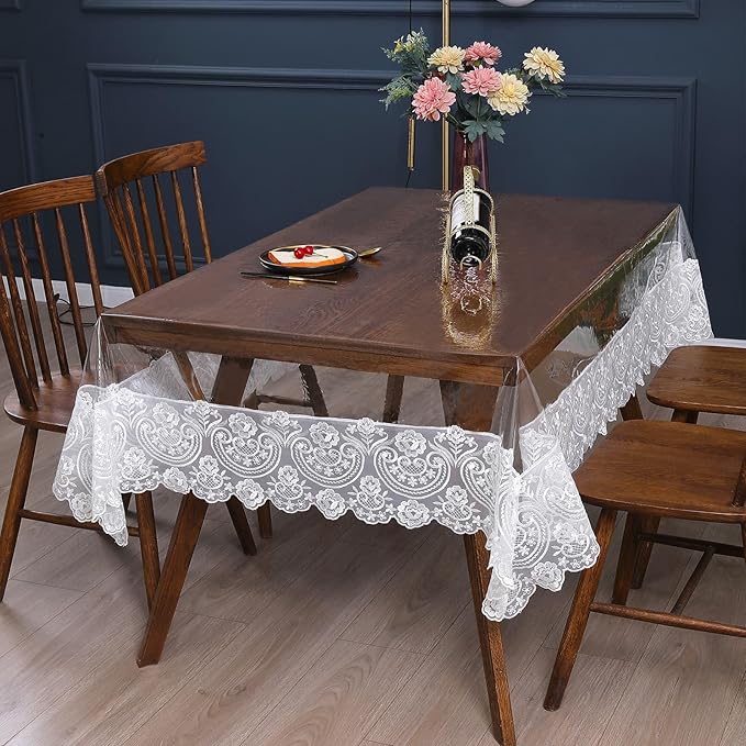Waterproof PVC Tablecloth - Heavy Duty Clear Vinyl Table Cover Protector for Dining Tables - Thick Reusable Plastic Rectangle Ivory Table Cover - 60x106 Inches