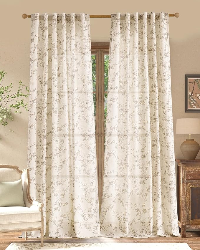 jinchan Taupe Floral Linen Curtains 96 Inch Farmhouse Back Tab 2 Panels | Flower patterned drapes, french country, light filtering, semi sheer, printed, bedroom, living room, office, window treatment