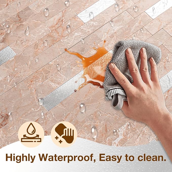 Peel and Stick Backsplash Tile Waterproof Removable PVC Wall Sticker 3D Faux Stone Marble Brick White Accent Panels (Pink Marble - Metal Silver, 40 Tiles - 18 sq. ft. (1.68 m²)