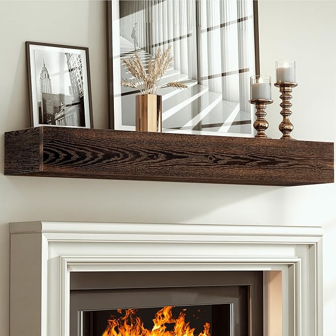Heimlove Fireplace Mantel Shelf 48 Inch,Handmade Rustic Solid Wood Mantles for Over Fireplace,Wall Mounted Floating Fireplace Mantel Shelf for Living Room Decor,48"x 8"x 6"-Dark Carbonized