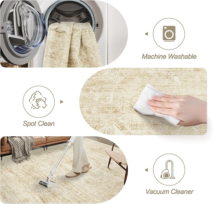 Soalmost Washable Area Rug 10x14, Large Soft Rugs for Living Room Vintage Beige Rug 10x14 Area Rugs for Bedroom Dining Room Floral Non-Slip Thin Rug