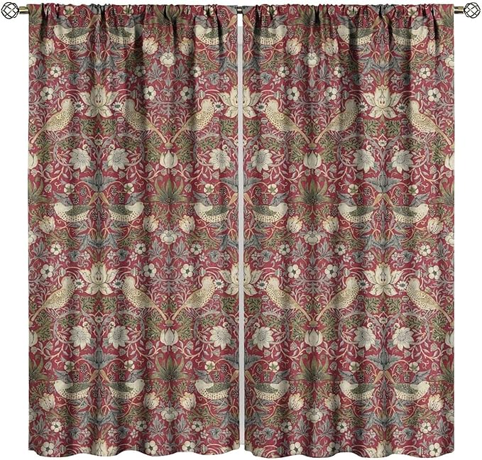 Boho William Morris Blackout Curtains, Retro Bird Plant Natural Flower Pattern Print Window Drapes, for Living Room Bedroom 31.5(W)*63(L) 2 Panels