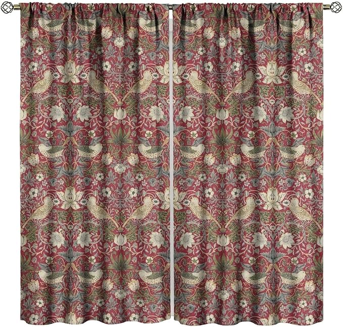 Boho William Morris Blackout Curtains, Retro Bird Plant Natural Flower Pattern Print Window Drapes, for Living Room Bedroom 42(W)*84(L) 2 Panels