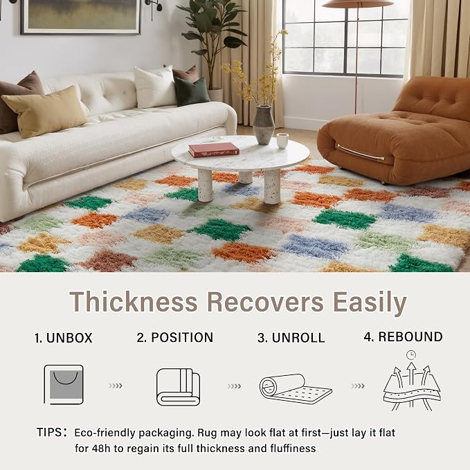 PureCozy Checkered Rug 5x8 for Living Room, Modern Neutral Shag Rug Super Soft Washable Indoor Fuzzy Carpet Non-Slip Fluffy Rugs for Bedroom Home Aesthetic Decor