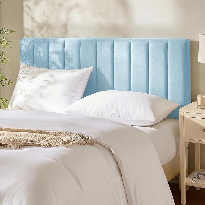 Hearth & Harbor Upholstered Full Headboard - Easy Assemble Channel Stitched Headboard Full Size - Wall Mounted Headboards with 3D Soundproof Wall Panels Peel & Stick Floating Headboards, 08-Ice Blue